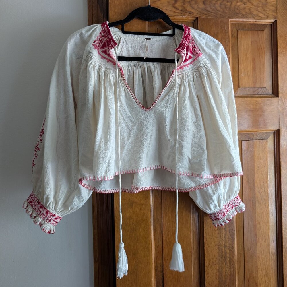 Free People Boho Embroidered Peasant Top | White Bohemian Festival Blouse